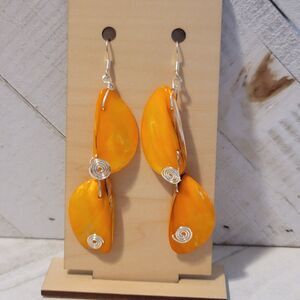 Upcycled Orange Shell Dangle Earrings with Silver Wire Wrapped Design